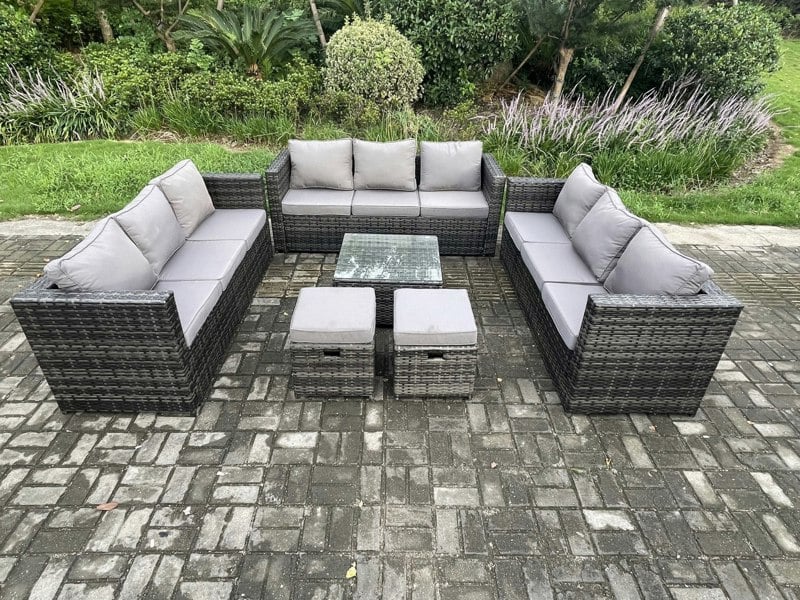 Fimous Outdoor Rattan Garden Furniture Set 11 Seater Patio Lounge Sofa Set with Square Coffee Table 2 Small Footstool Dark Grey Mixed