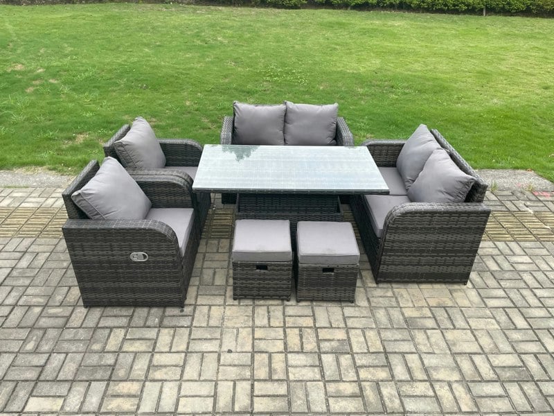Fimous Wicker PE Rattan Furniture Garden Dining Set Outdoor Height Adjustable Rising lifting Table Love Sofa Chairs With Footstools