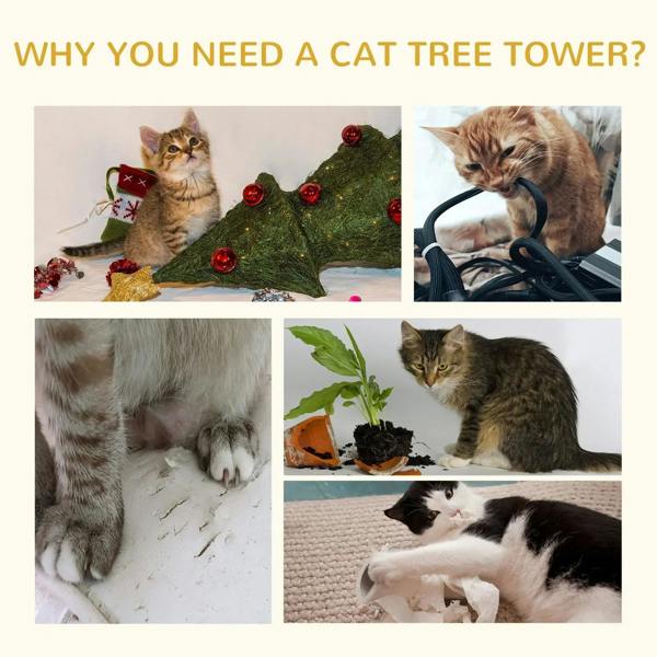 Beige cat tree tower featured in multi-cat lifestyle collage