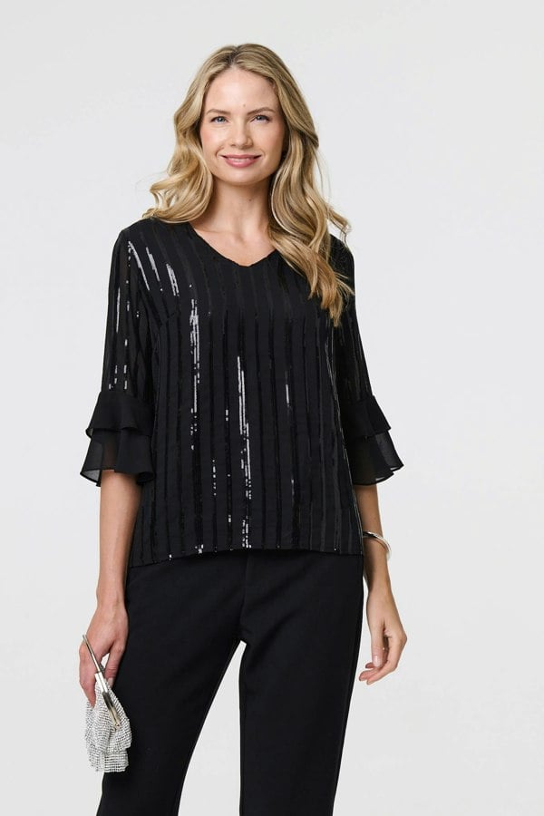 Black | Sequin Stripe Ruffled 3/4 Sleeve Blouse
