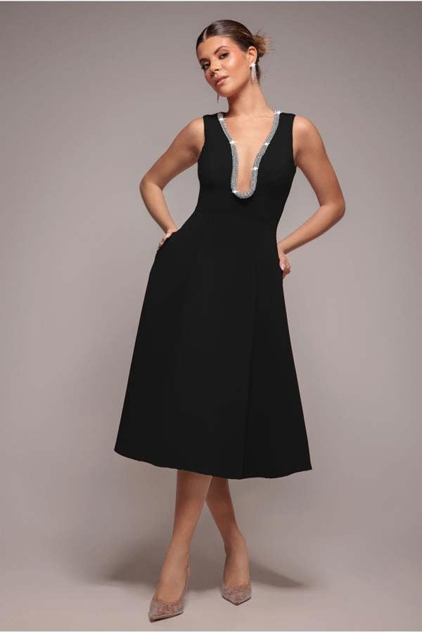 Diamante Embellished Neck A-Line Midi Dress - Black DR4599