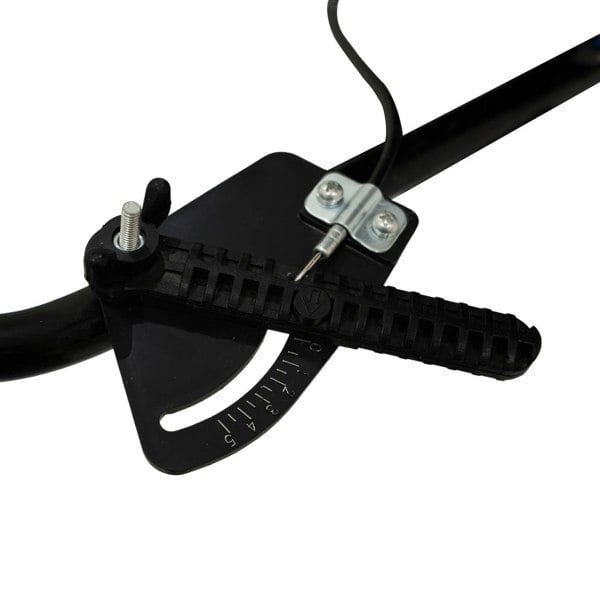 ATV mounted spreader control handle with textured grip, metal lever, and adjustable settings for precise material distribution