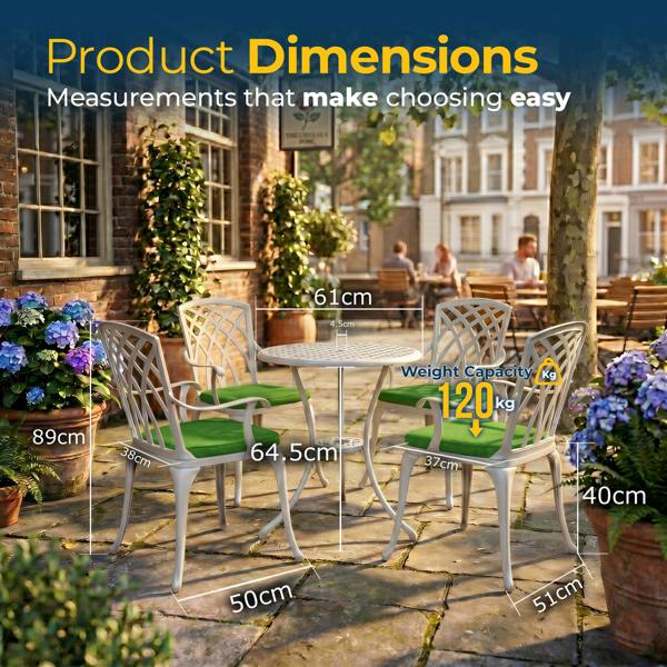 Homeology OSHOWA Luxurious Garden and Patio Table and 4 Large Chairs with Armrests Cast Aluminium Bistro Set - White with Green Cushions