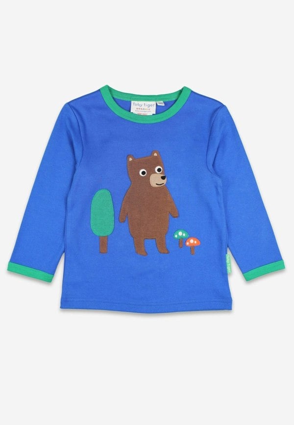 Organic Brown Bear Applique Long - Sleeved T-Shirt - Toby Tiger UK Wholesale