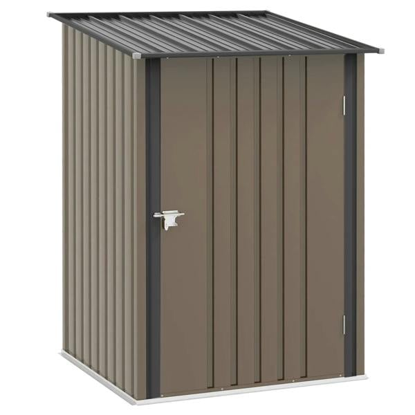 Lean-to steel garden shed with locking door, brown and gray metal panel siding.