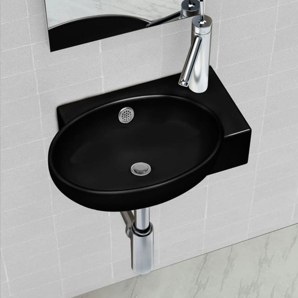 Berkfield Ceramic Bathroom Sink Basin Faucet/Overflow Hole Black Round