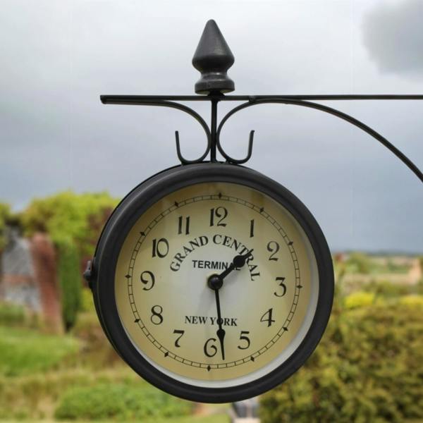 The Garden Marketplace Double Sided Garden Clock in Black Metal with Mounting Bracket