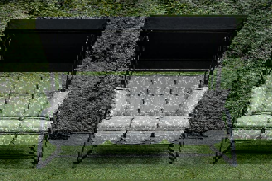 REPLACEMENT CUSHION ONLY Vienna Deluxe 3 Seater Garden Hammock (Pattern options available) 153cm (H) x 140cm (W) X 121cm (D) Renaissance Grey (Black Frame) The Garden Furniture Shop