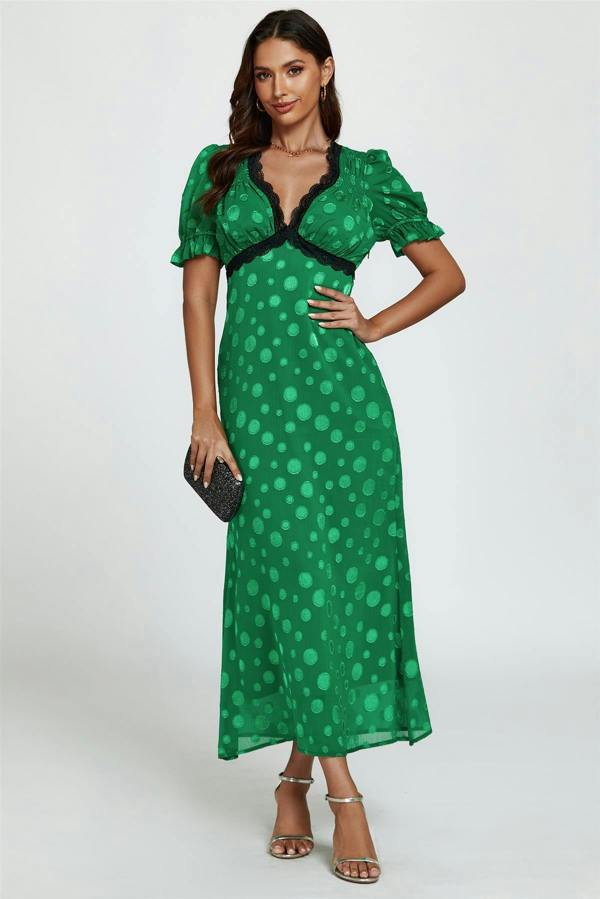 FS Collection Polka Dot Jacquard Lace Trim Midi Dress In Green