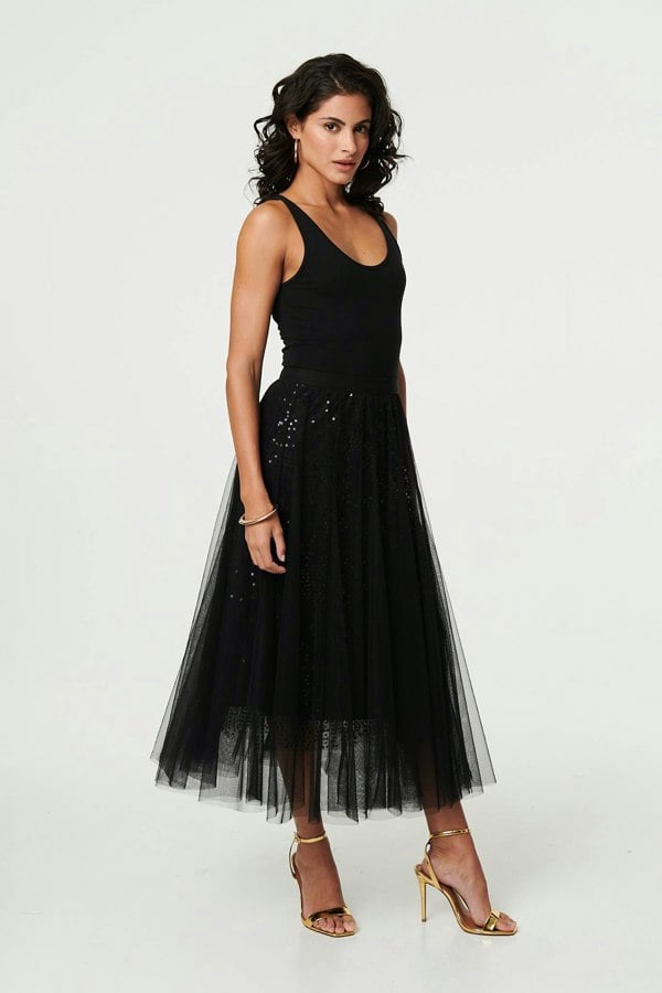 Black | Embellished Mesh Layer Midi Skirt
