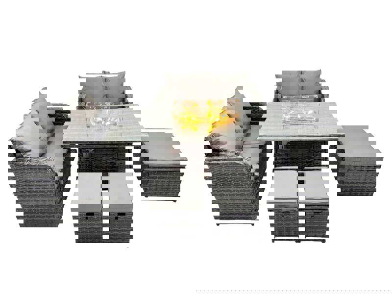 Fimous 7 seater Patio Gas Firpit Dining Table Sofa Sets Rattan Garden Furniture Dining Set with 3 Stools Dark Grey Mixed