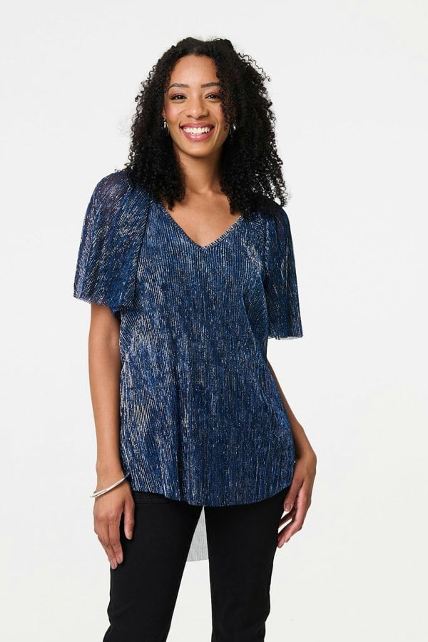 Blue | Semi Sheer Glittery Short Sleeve Top
