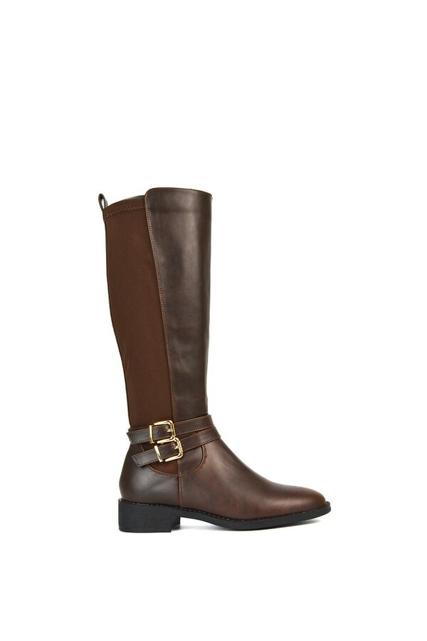 XY LONDON Flat Heel Zip Up Knee High Stretchy Boots With Buckle