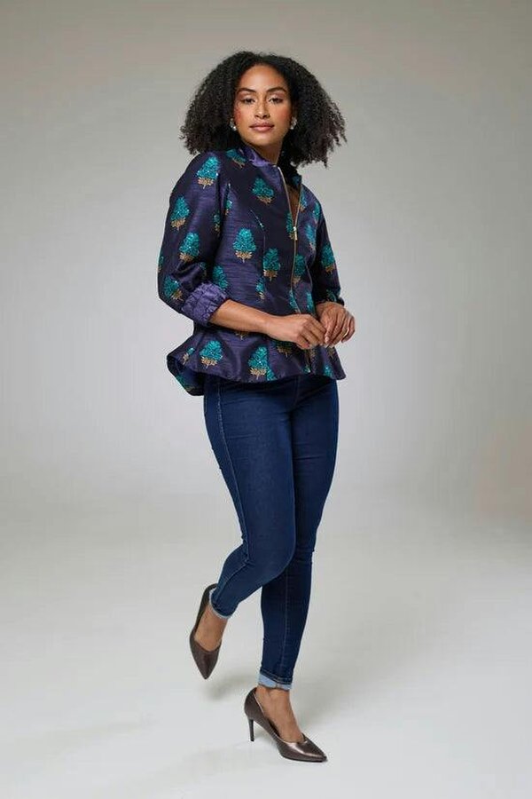 Lioness by TF Aquamarine Embroidered Raw Silk Fitted Jacket Blouse