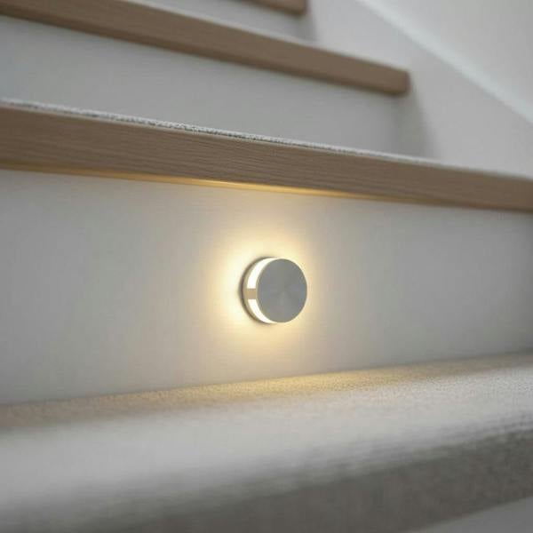 silver interior step light mounted on a stair riser