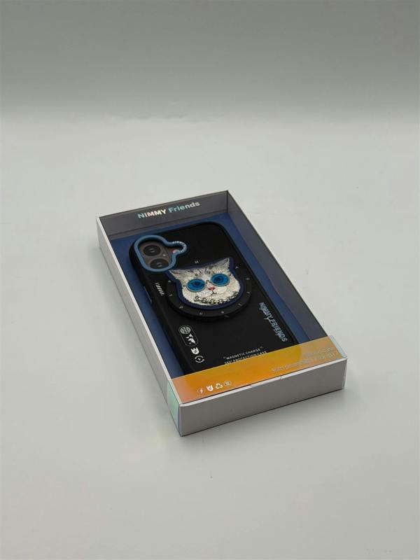 Nimmy Friends Nimmy Glass Cool Cat Face Case with Detachable MagSafe Grip Stand for iPhone 17 6.3" Black Blue - N-YJKM-CXZJ-IP17-03