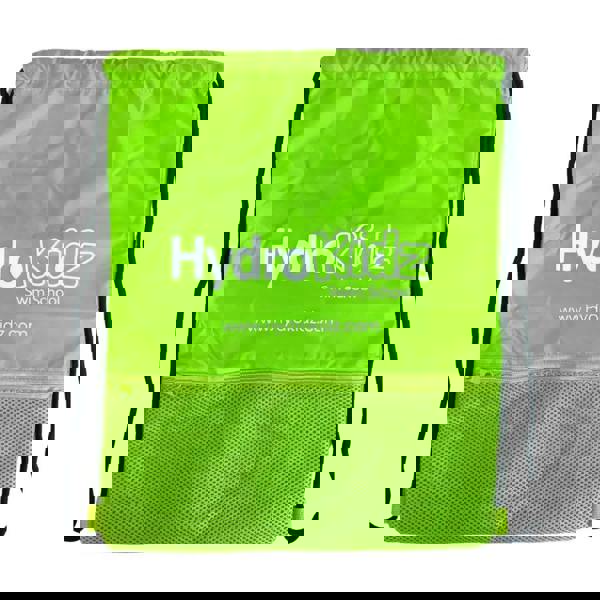 Lime green HydroKidz swim bag with mesh pocket, black straps, logo, 5cm depth