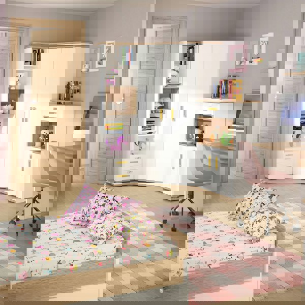 Furniture To Go 4Kids 1 Drawer bedside Cabinet in Light Oak and white High Gloss (orange handles)