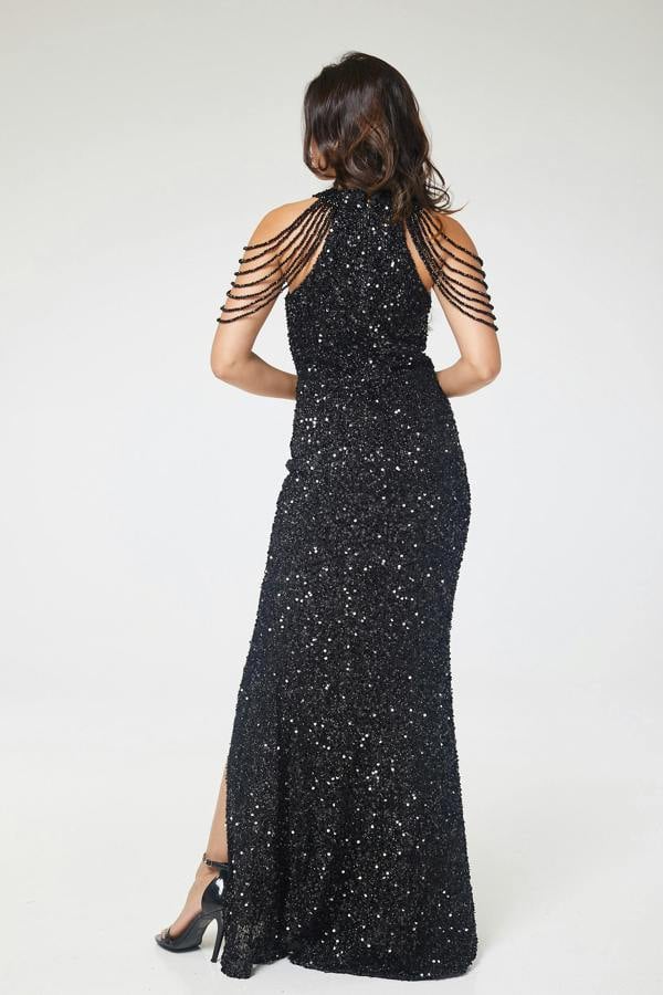 LuvForever Asteria - Black Halterneck Jewelled Shoulder Sequin Maxi Dress