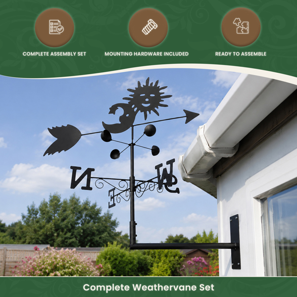 Sun and Moon Weathervane with Wind Speed Cups, All-Steel Black Finish, Wall Mount Bracket and Ground Spike Included