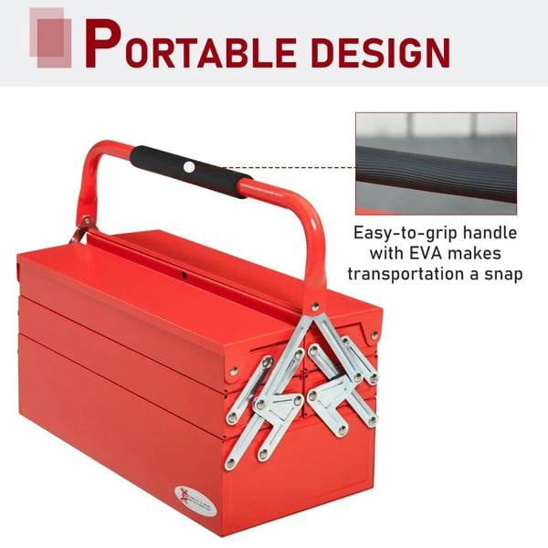 Red portable metal toolbox with black handle and silver latch connectors