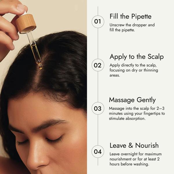 Rosemary Hair Oil Co. bottle on a stone platform with a neutral background. Rosemary hair oil, castor oil, camellia oil, apricot oil, hair growth, healthier, fuller-looking hair, stimulate, regrowth, hair thinning, natural, 100ml, how to use