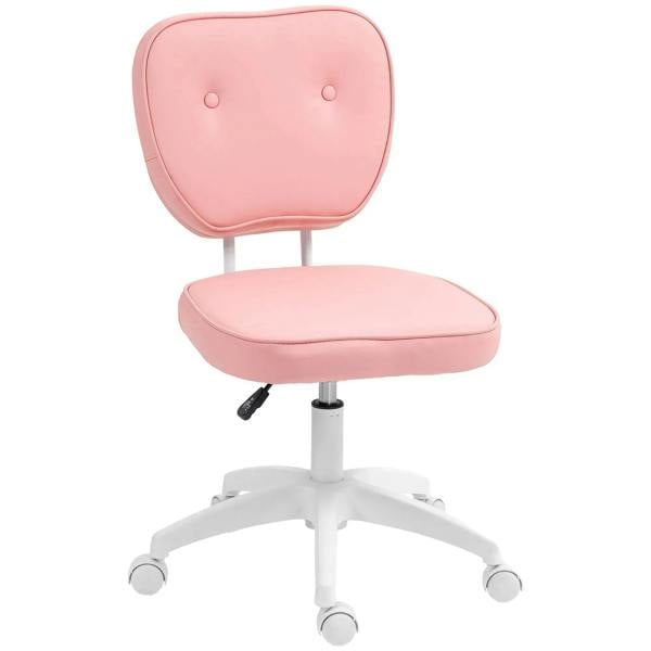Pink armless office chair with padded PU leather back, cushioned seat, swivel casters