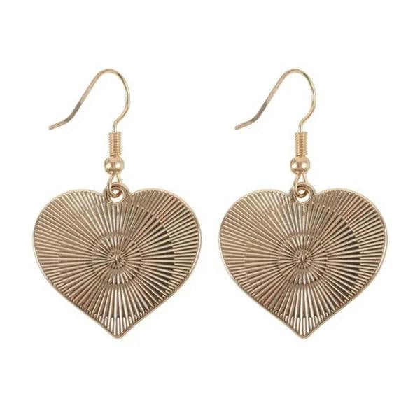 Gold-tone textured heart dangle earrings with ribbed sunburst pattern and hooks
