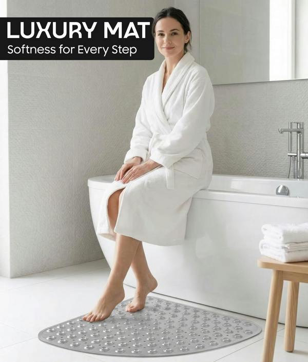 ADOV Corner Shower Mat, 54 x 54cm Curved Non Slip Bath Mat with Suction Cups and Drainage Holes