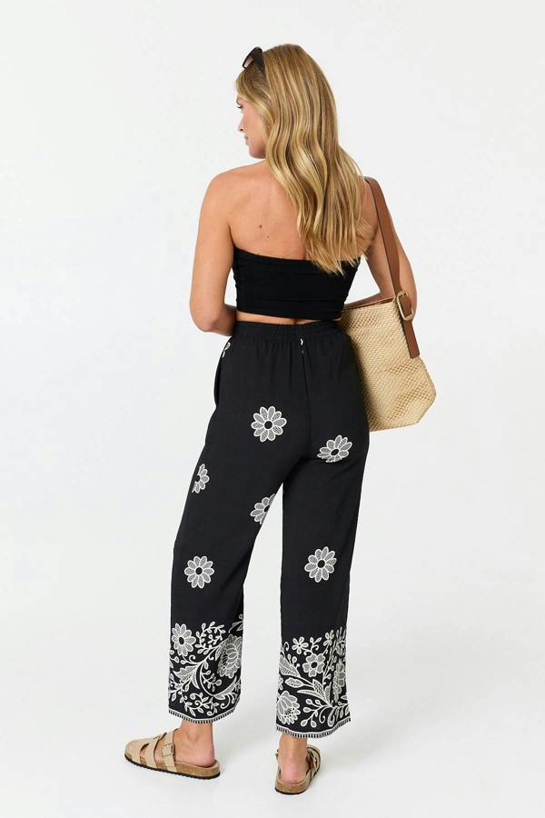 Black | Floral Border Print Wide Trousers