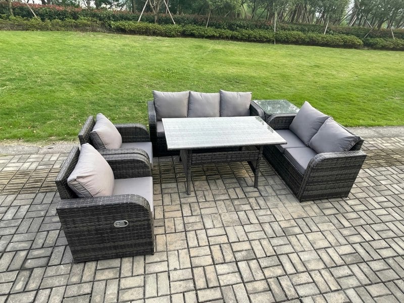 Fimous 7 Seater Dark Grey Rattan Outdoor Dining Set - Reclining Chair, Loveseat, 2-Seater Sofa & Rectangular Dining Table