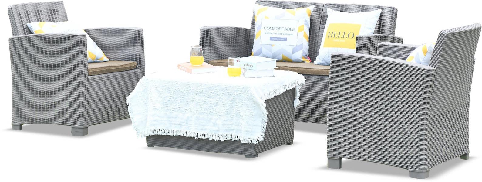 Homeology SANTANA 4 Piece PE Rattan 4-Seater with Cushions Garden Furniture and Coffee Table Set in Greige