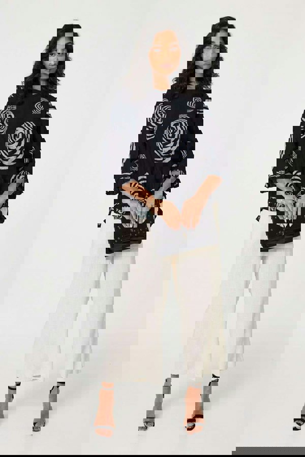 Black | Abstract Print Frill Hem Tunic Top