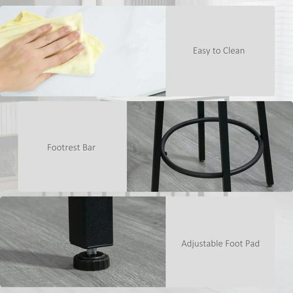Bar table set with footrest bars and adjustable foot pads on black stools