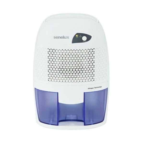 An image of the Senelux mini dehumidifier with an all white design, purple water tank and orange "on" light.