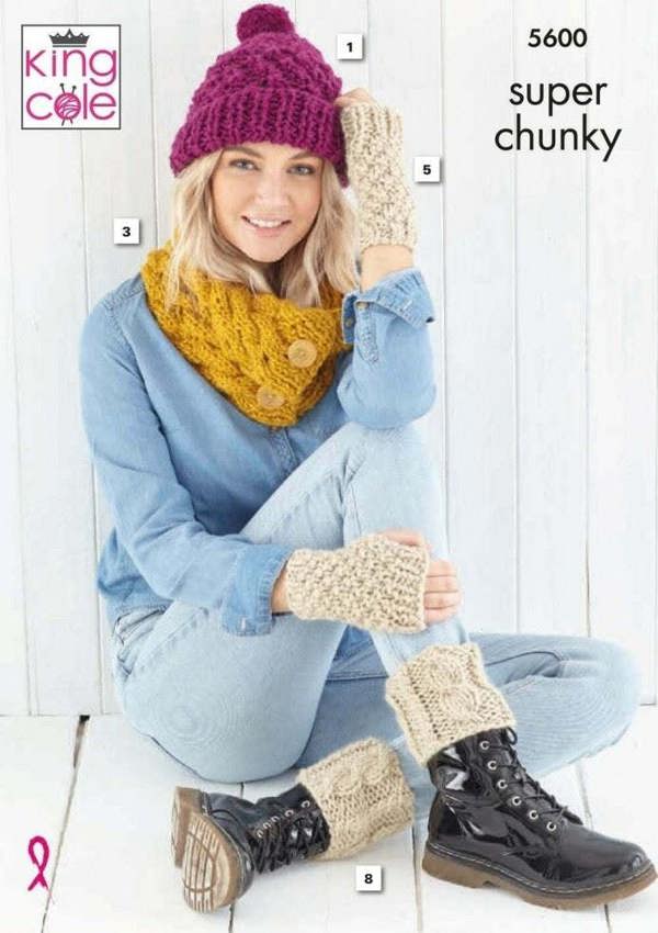 King Cole Explorer & Timeless Super Chunky Knitting Pattern 5600, Headwear, Wrist Warmers, Scarves, Shawls for Women, One Size