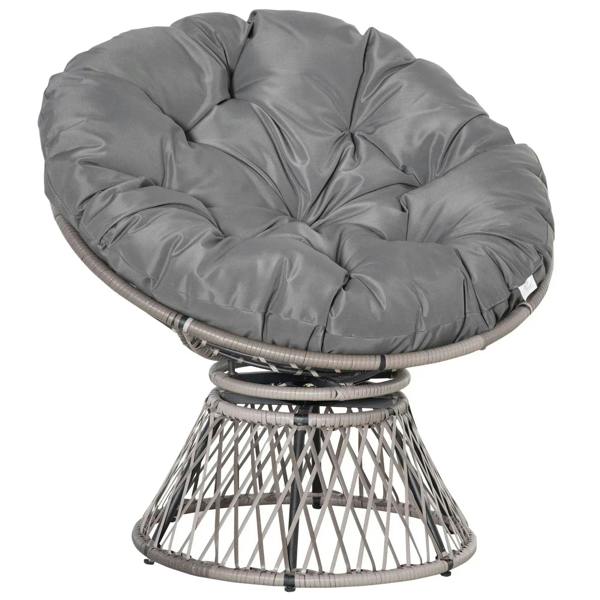 Grey padded Papasan-style swivel chair with woven rattan base and round seat cushion