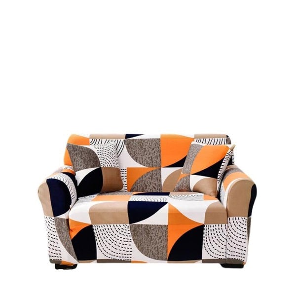 Anyhouz Anyseat 2 Seater Sofa Cover Orange Geometric Style and Protection For Living Room Sofa Chair Elastic Stretchable Slipcover