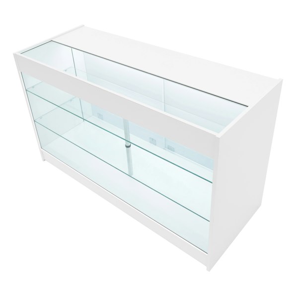 Demeter LED shop counter set in white featuring sleek glass shelves, modern design, and bright LED lighting for displays