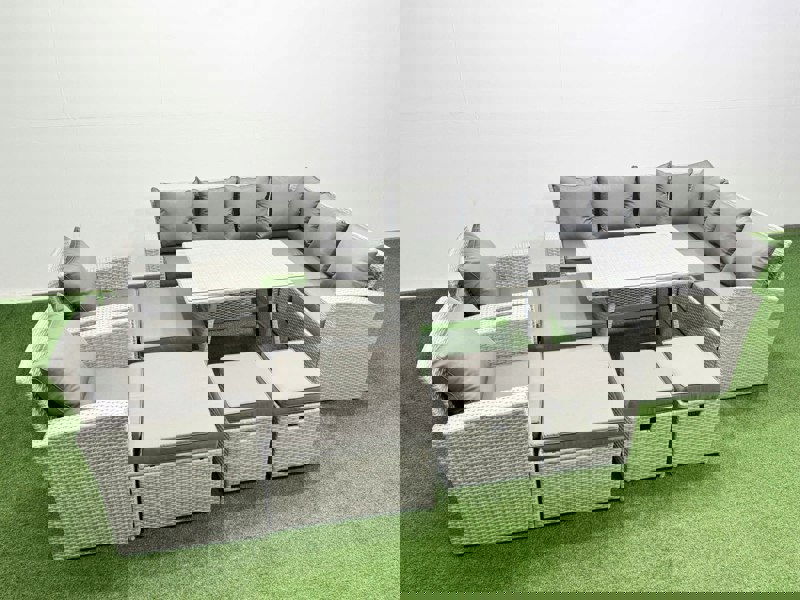 Fimous 12 Seater Garden Outdoor Rattan Furniture Set Rattan Corner Sofa Oblong Dining Table with 2 Armchairs 4 Footstools Light Grey Mixed