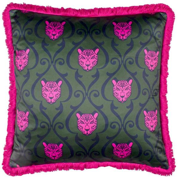 Paoletti Lupita Fringed Cheetah Cushion Cover - Emerald/Pink - 