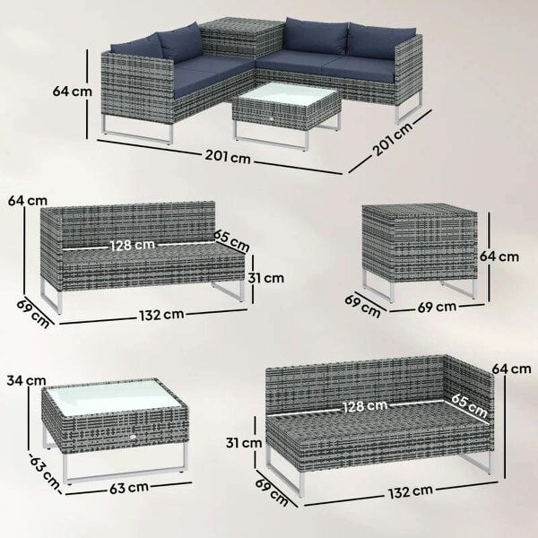4 Piece Rattan Garden Furniture Set, Outdoor Corner Sofa Set with Storage Table, Loveseats, Cushions - Dark Blue