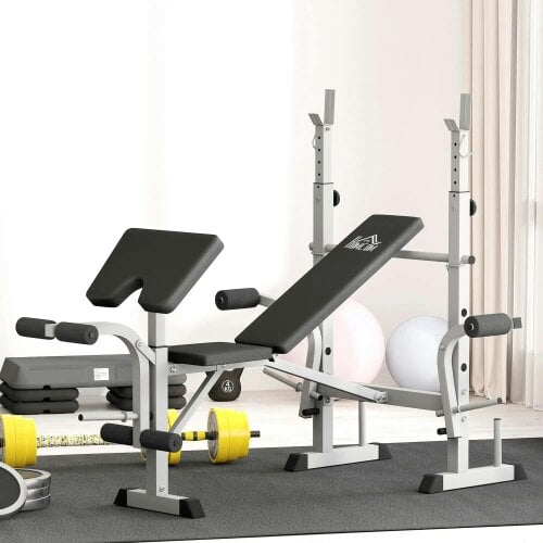 Bobobiy Adjustable Weight Bench with Squat Rack, Heavy Duty Bench Press Rack with Preacher Curl Pad, Grey