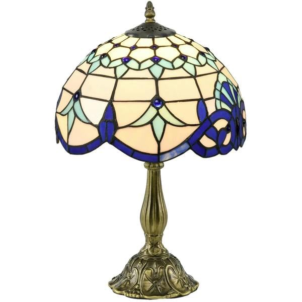 Handmade stained glass table lamp with blue and cream shade, bronze base