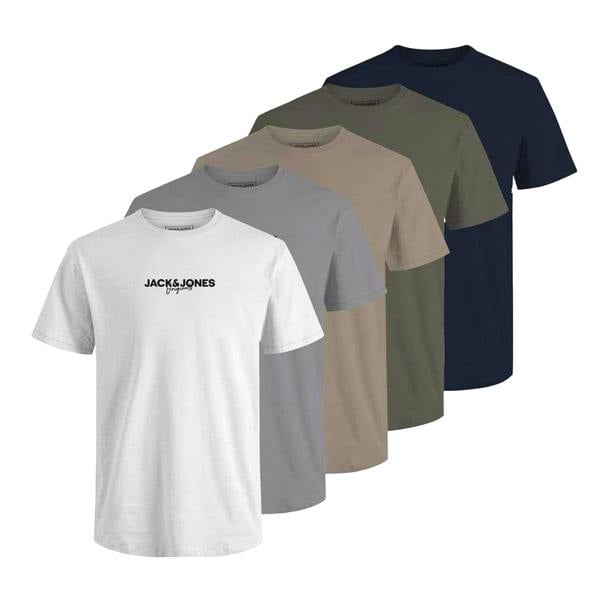 Jack And Jones Mens Corp Cotton T-Shirt (Pack of 5) - White/Grey/Navy/Olive/Beige - 