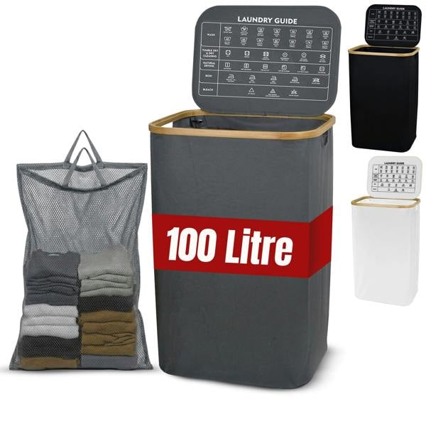 LKH HOME COLLECTION LKH Laundry Basket with Lid 100 Litre-600D Polyester Clothes Hamper-Laundry with Bamboo Handles-44x33x70cm