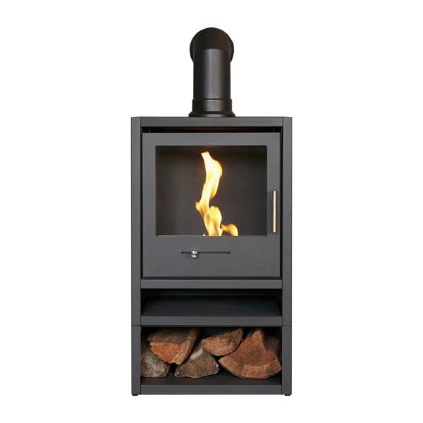 OKO S1 Bio Ethanol Stove with Log Storage in Charcoal Grey & Angled Stove Pipe