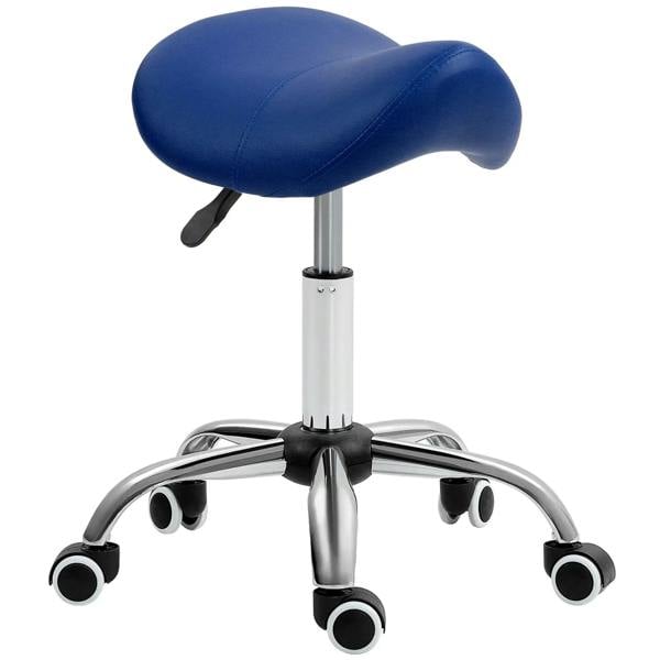 Dark blue faux leather saddle stool with height-adjustable round base and caster wheels
