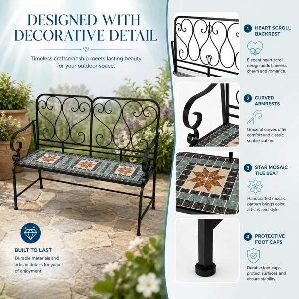 Marrakech Mosaic 2 Seater Garden Bench, 112cm Outdoor Patio Seat with Ceramic Tile Seat, Scrollwork Backrest & Metal Frame image 8