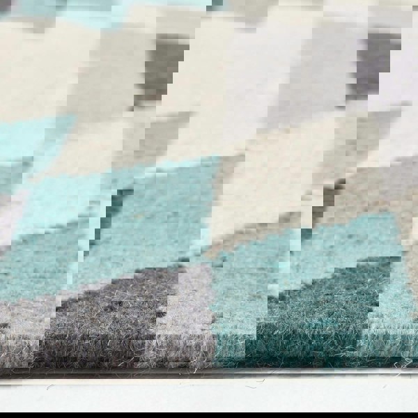 HOMESCAPES Helsinki Handwoven Geometric Blue Grey and Cream Kilim Wool Rug